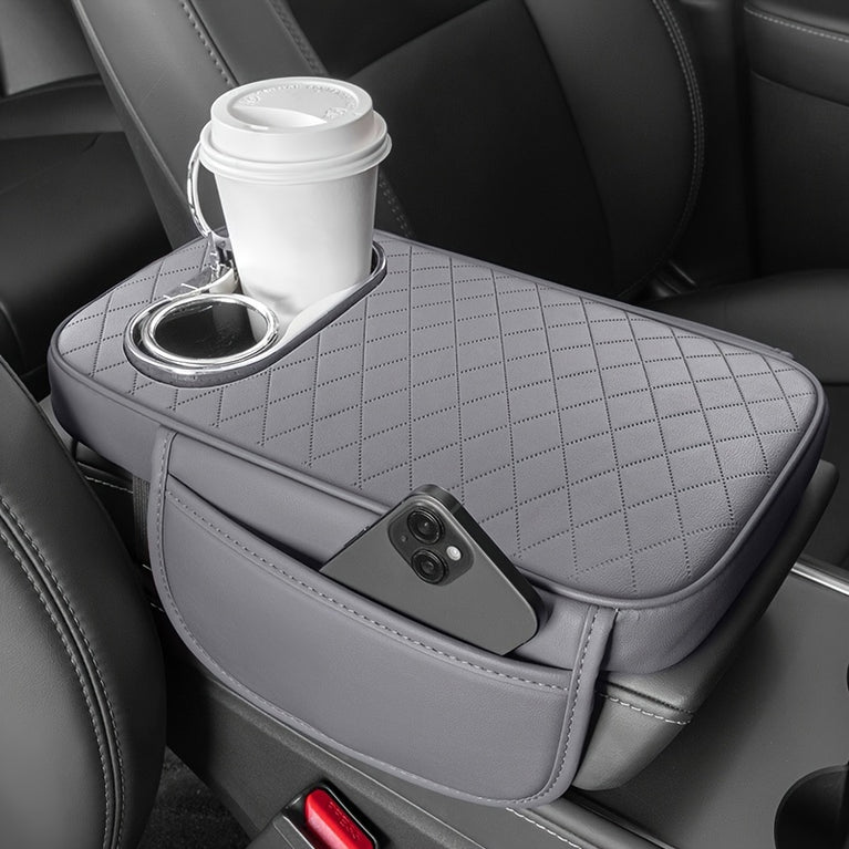 Universal Fit Faux Leather Console Pad - Side Pockets & Cup Holders