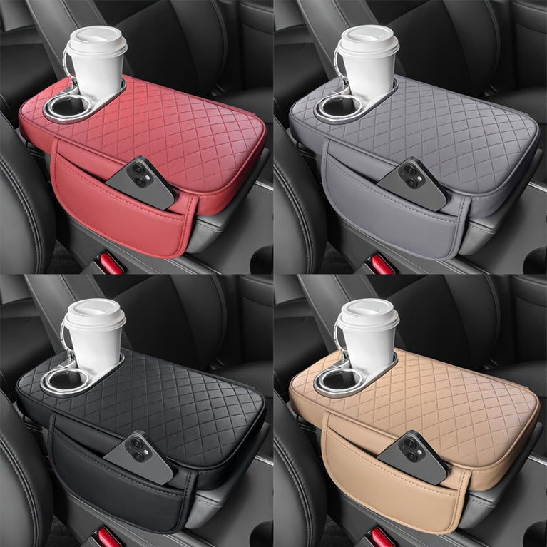 Universal Fit Faux Leather Console Pad - Side Pockets & Cup Holders