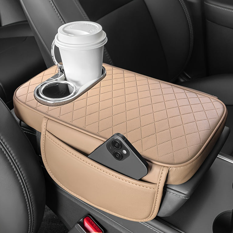 Universal Fit Faux Leather Console Pad - Side Pockets & Cup Holders