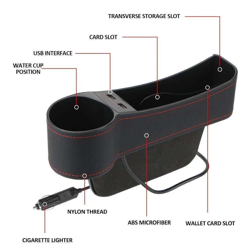 Car Storage Box - Multifunctional Seat Gap Organizer with Dual USB Charger & Cup Holder