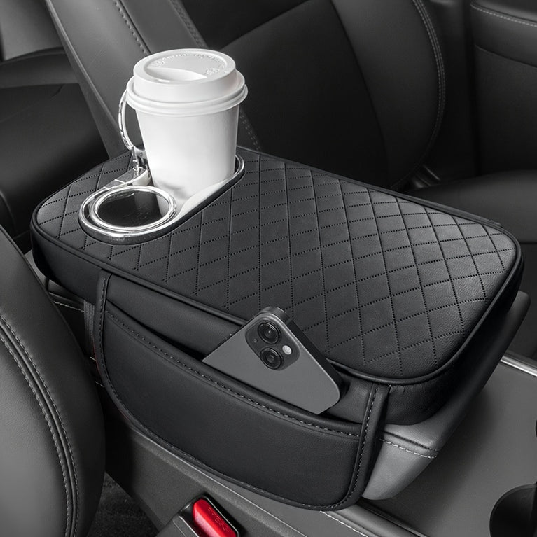 Universal Fit Faux Leather Console Pad - Side Pockets & Cup Holders